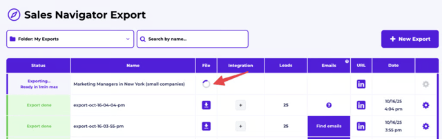 Evaboot Chrome extension interface showing the export panel with executive leads from Sales Navigator, displaying columns for name, title, company, email status, and verification indicators