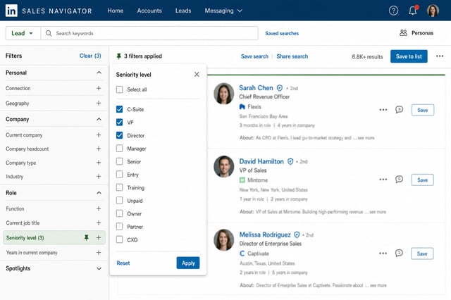 Sales Navigator Seniority Level filter dropdown expanded, showing C-suite, VP, Director, and other levels with checkboxes, demonstrating executive-specific filtering