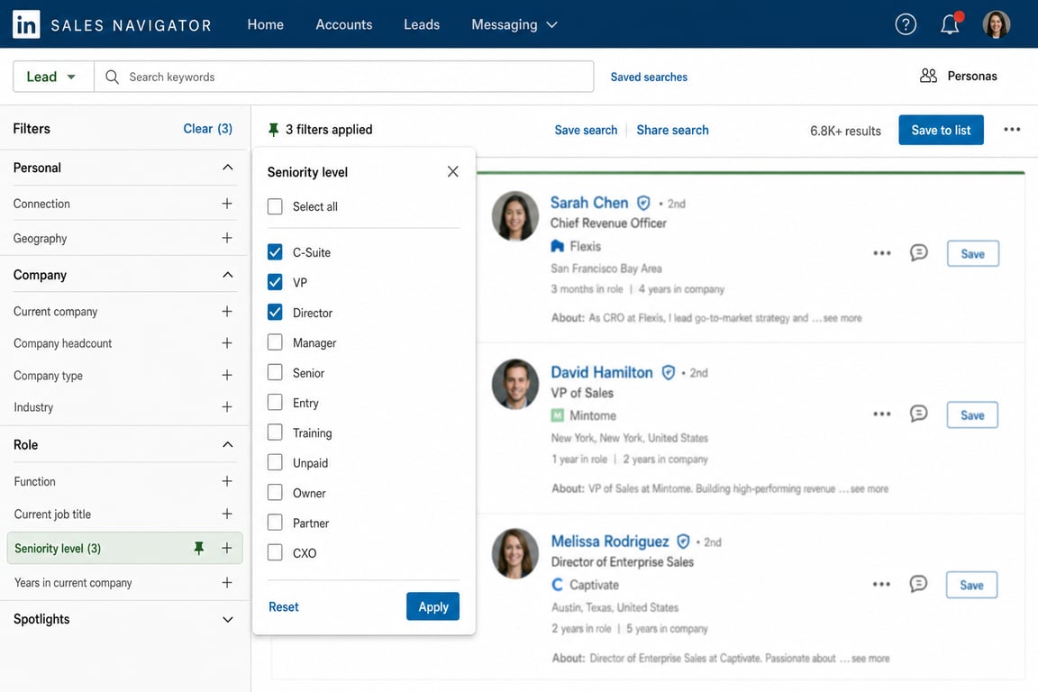 Sales Navigator Seniority Level filter dropdown expanded, showing C-suite, VP, Director, and other levels with checkboxes, demonstrating executive-specific filtering