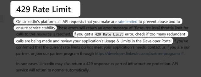 message d'erreur 429 rate limit de l'api linkedin
