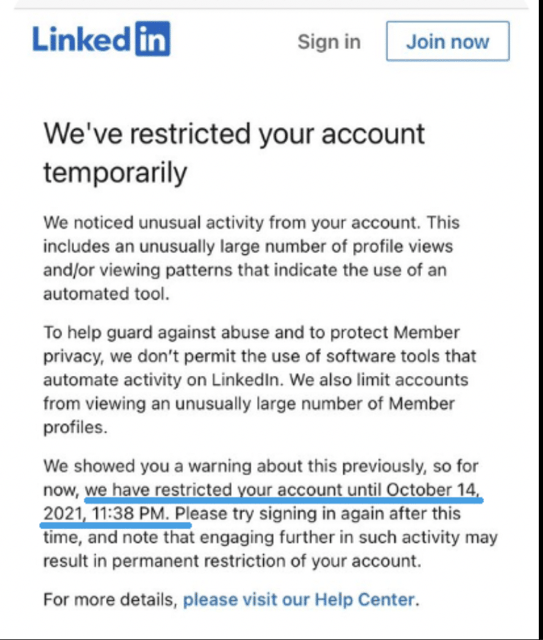 restriction temporaire linkedin