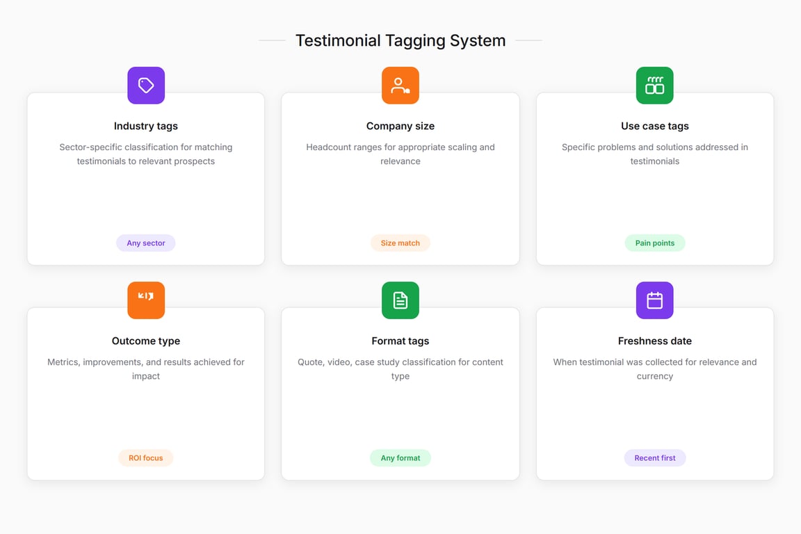 How to tag your testimonials: Industry, Job Title, Company Size, Specific Problem, Specific Result, Usable Format