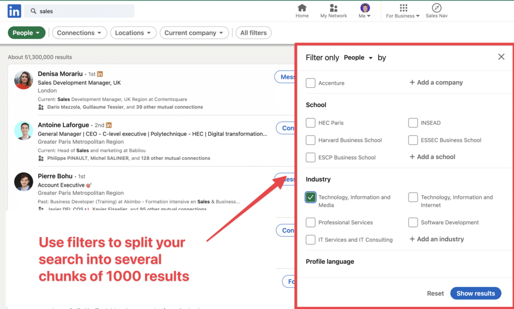 split linkedin search results