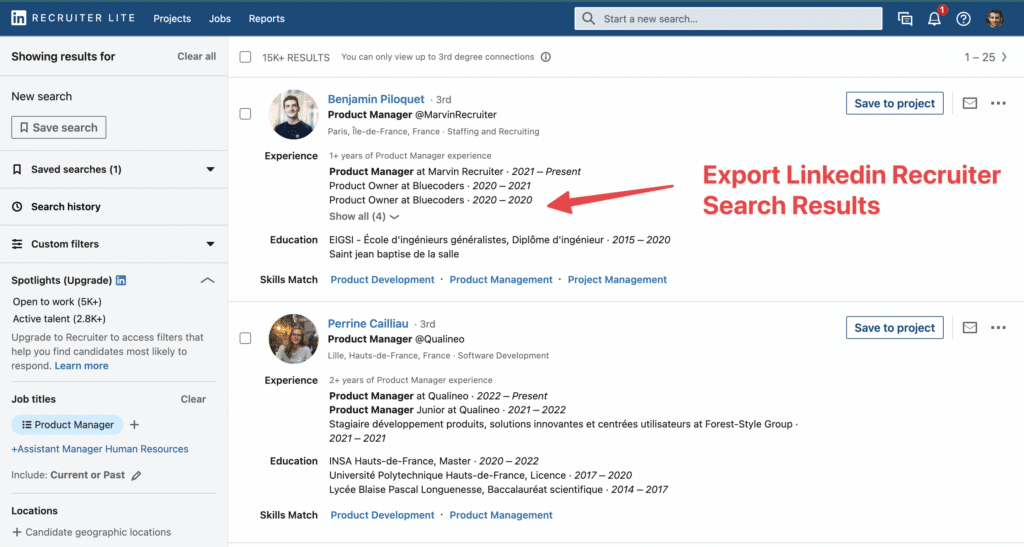 export linkedin recruiter search