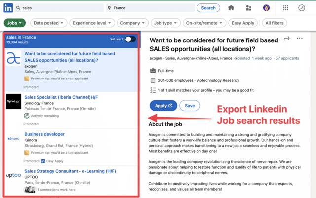 exporter les résultats de la recherche linkedin job