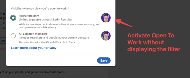 perfil do LinkedIn aberto para trabalho sem filtro