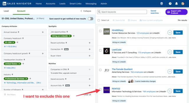 exclude company linkedin sales navigator search