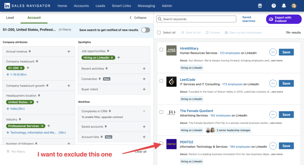 exclude company linkedin sales navigator search