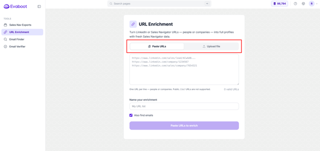 Evaboot URL Enrichment tool with the Paste URLs and Upload file tabs highlighted