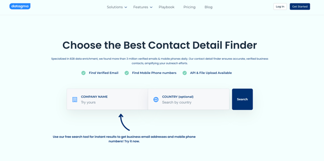 Datagma contact detail finder homepage with its company name search box
