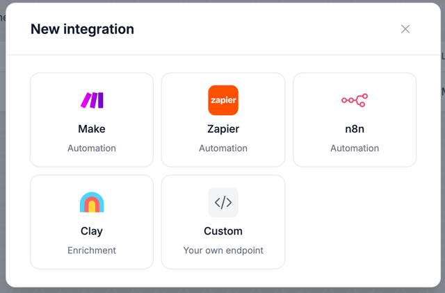 Evaboot New integration dialog offering Make, Zapier, n8n, Clay and a custom endpoint
