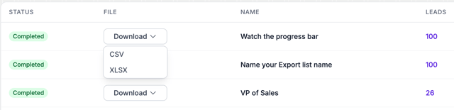 Evaboot Download dropdown open on an export row, offering CSV and XLSX