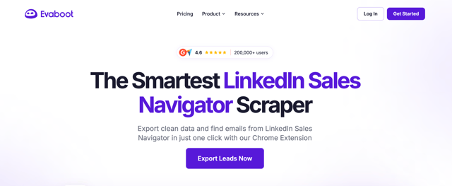 Evaboot homepage with the Export Leads Now button used to create a free account