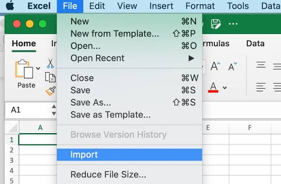 Excel for Mac File menu with the Import option selected