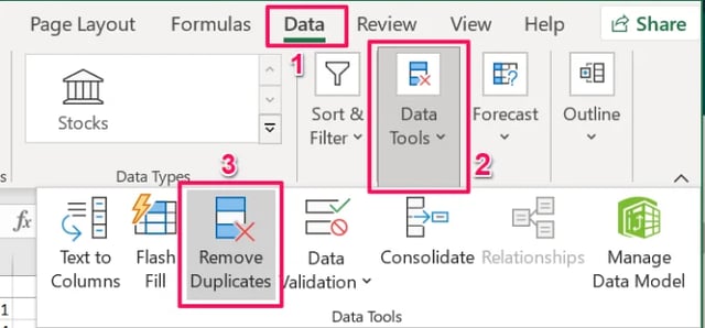 Excel Data tab with Data Tools open and Remove Duplicates highlighted