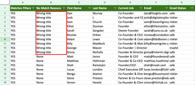 Exported lead spreadsheet with the No Match Reasons column flagging rows as Wrong title