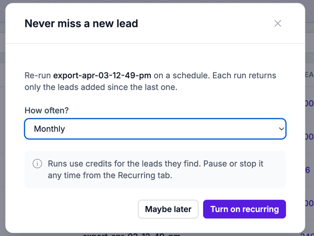 Evaboot recurring export dialog set to Monthly, with the Turn on recurring button