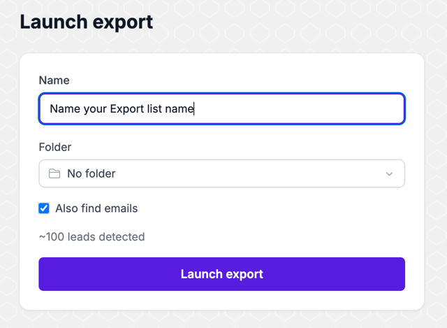Evaboot Launch export dialog with a name field, a folder picker and Also find emails checked