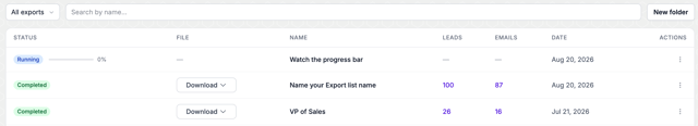 Evaboot dashboard listing exports, one running with a progress bar and two completed