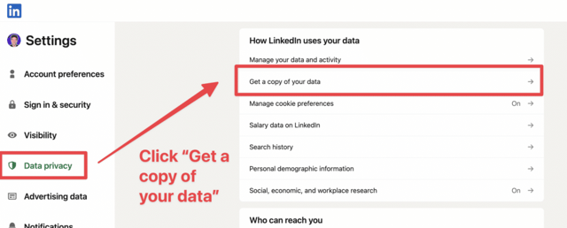 haz clic en obtener una copia de tus datos