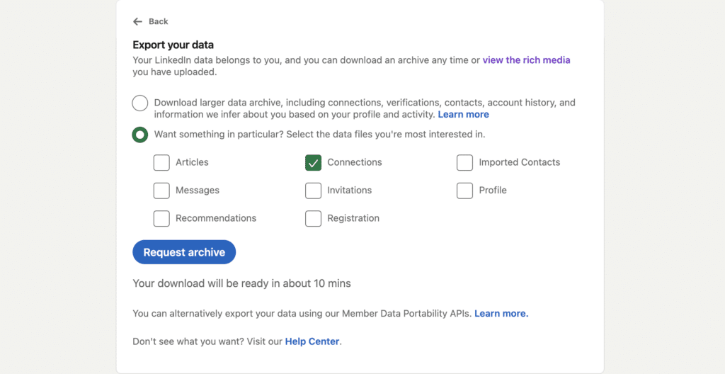 choose the linkedin profile data you want to export