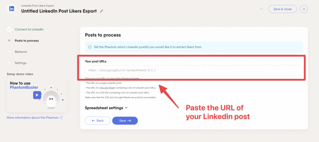 paste linkedin post url in scraping tool