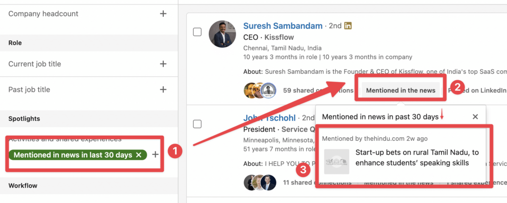 mentionned news sales navigator search filters