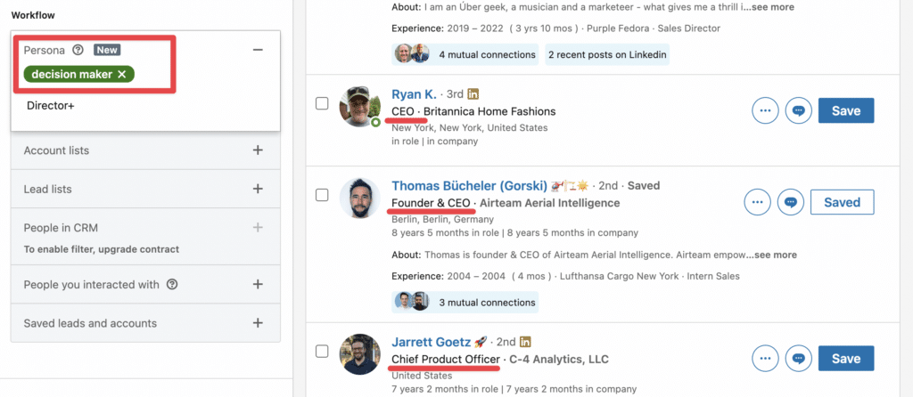 persona filter for finding decision makers