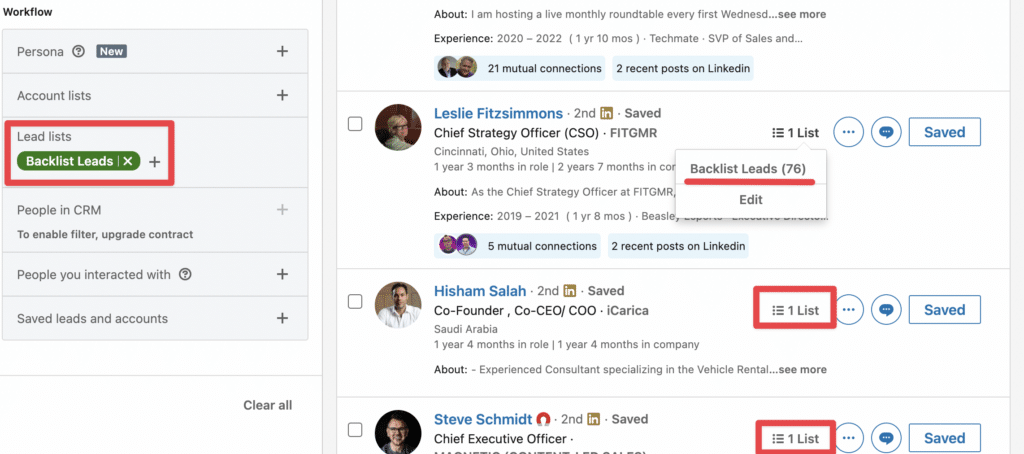 lead list filter for using saved account lists
