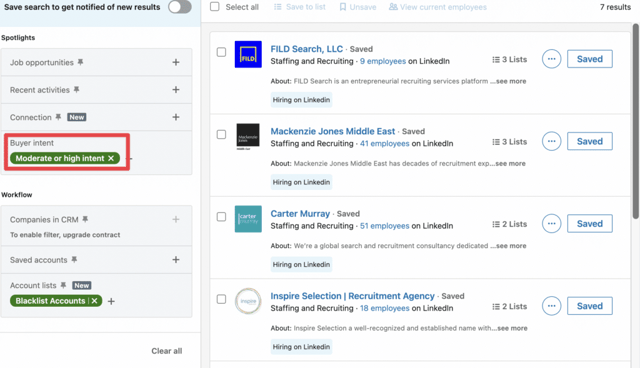 filter on sales navigator by buyer intent