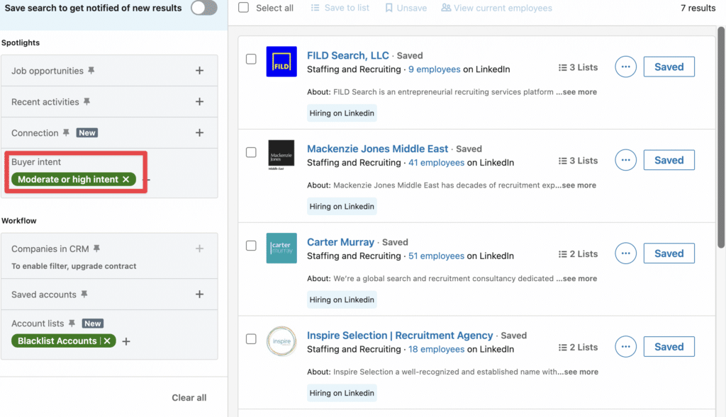 filter on sales navigator by buyer intent