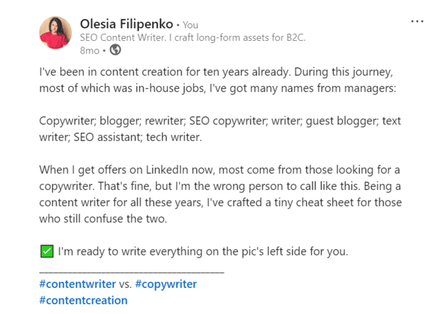 Screenshot of Oleasia's LinkedIn post