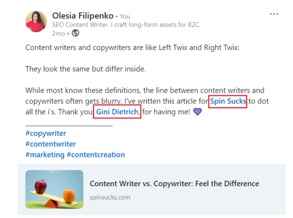 Mentioning connections example post