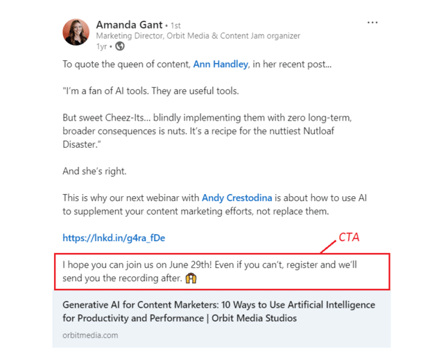 CTA in post example