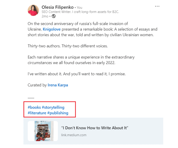 Relevant hashtags in post example