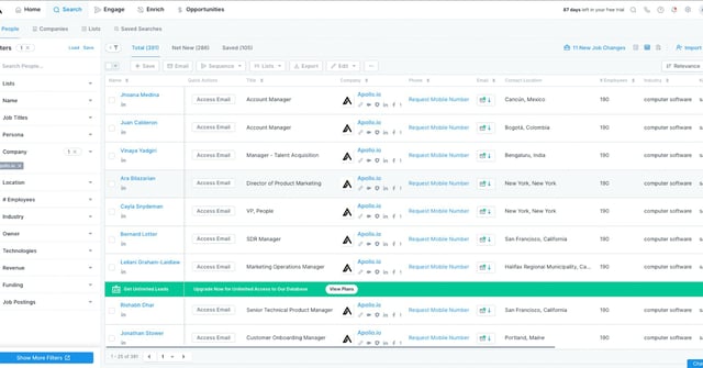 Apollo.io dashboard showing prospect database and outbound features