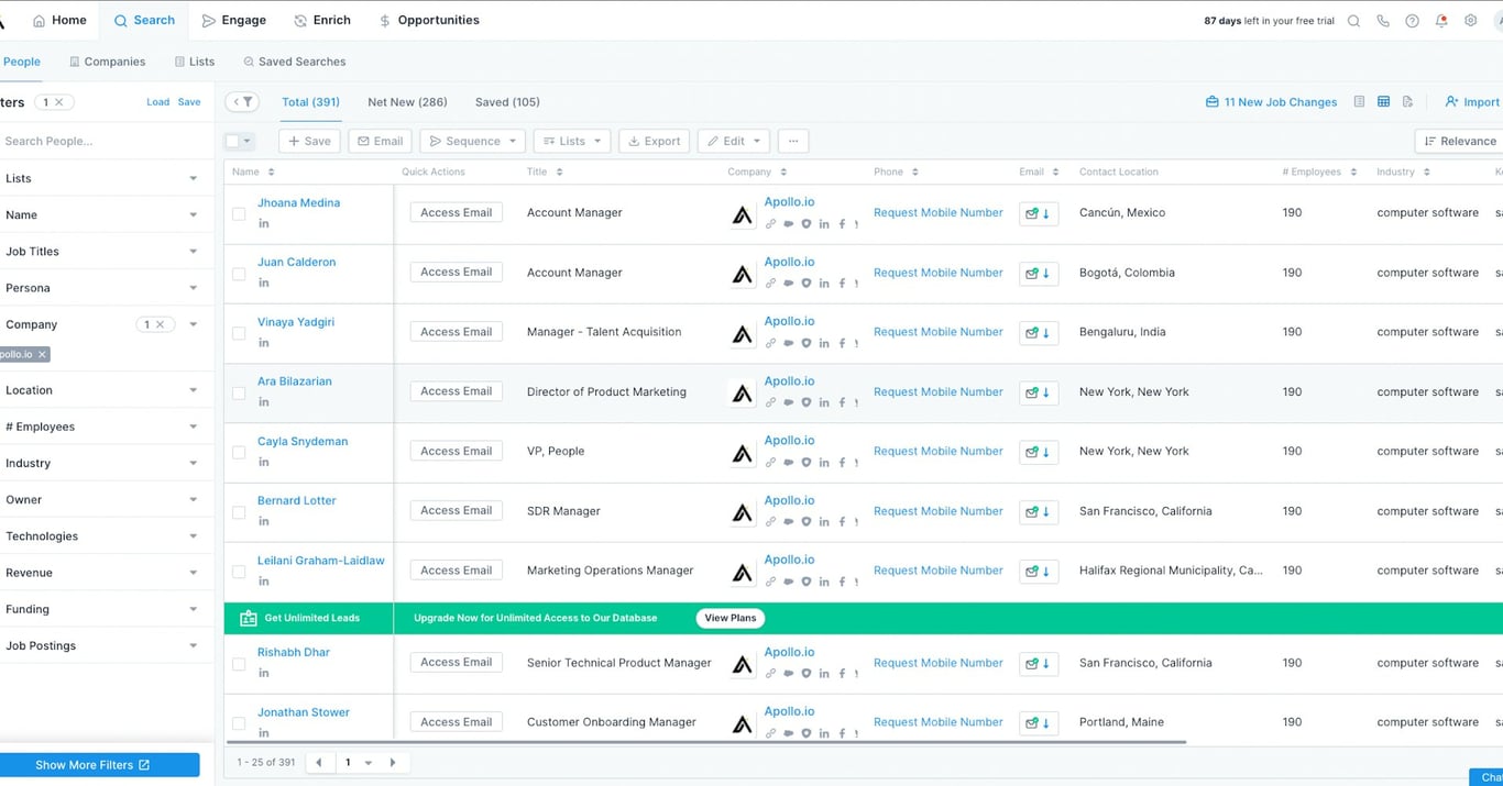 Apollo.io dashboard showing prospect database and outbound features
