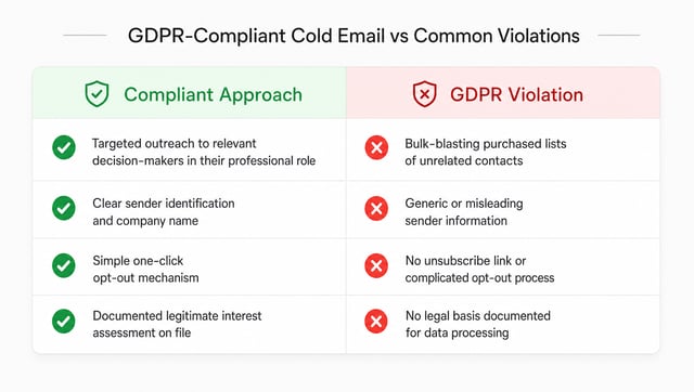 Table comparing GDPR-compliant cold email practices with common violations including targeting, identification, opt-out mechanisms, documentation, and respect for unsubscribe requests