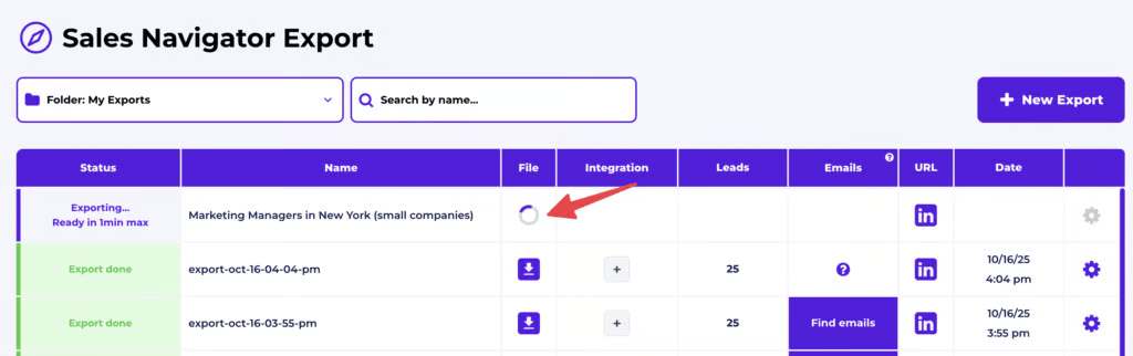 Evaboot dashboard showing Sales Navigator export workflow