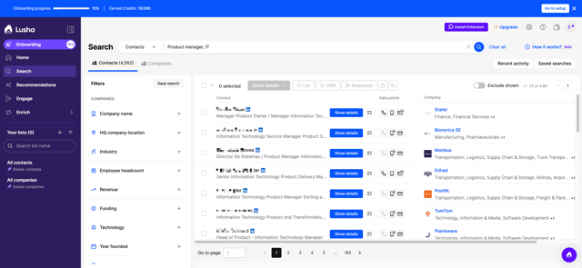 Lusha dashboard showing contact lookup and prospect data interface
