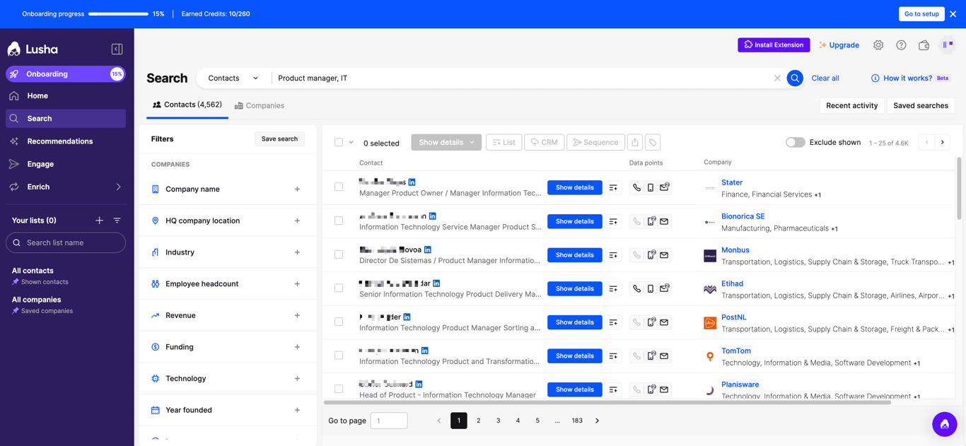 Lusha dashboard showing contact lookup and prospect data interface