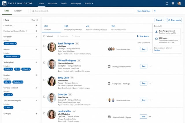 LinkedIn Sales Navigator search results page showing filtered list of prospects with visible profile data and export options