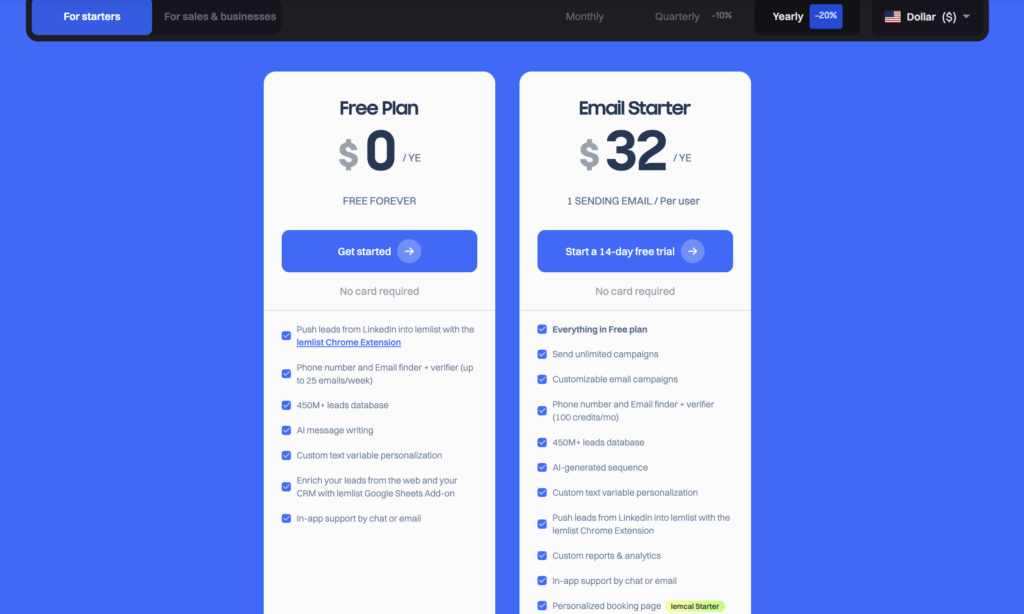 lemlist starter pricing plans