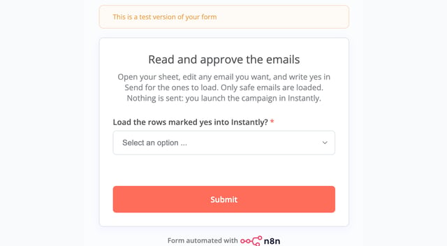 n8n form asking to load the rows marked yes into Instantly after reading the emails