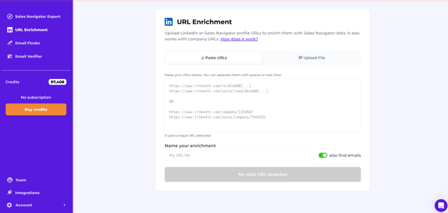 Evaboot bulk enrichment interface showing a CSV upload panel with a column of LinkedIn URLs and the enrichment settings/options