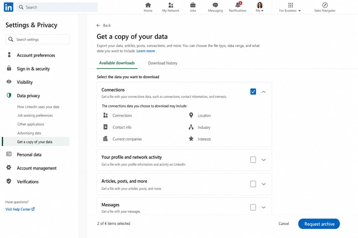 LinkedIn Settings and Privacy page showing the 'Get a copy of your data' section with download options for connections data