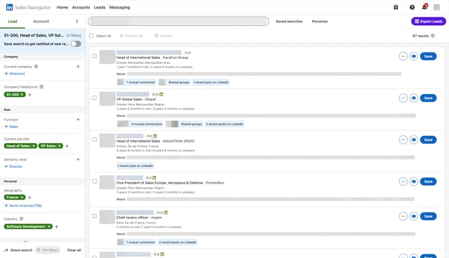 Example Sales Navigator lead search with company headcount, job title, geography and industry filters, names hidden