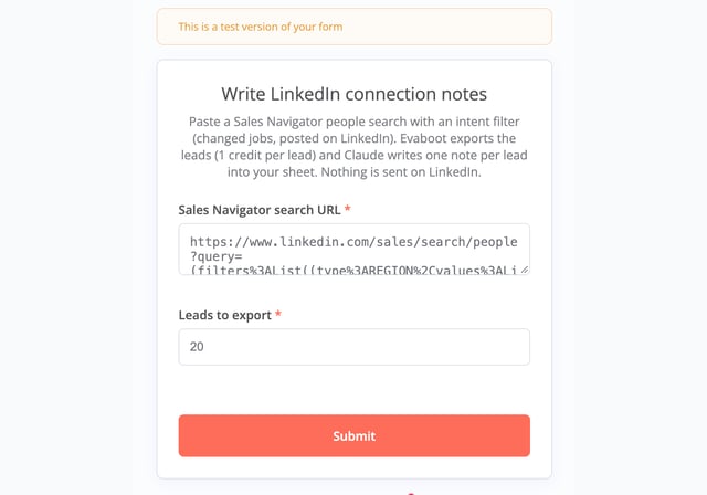 n8n form asking for a Sales Navigator search URL and the number of leads to export