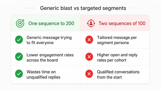 Comparison showing targeted segmented outreach outperforms generic mass email campaigns