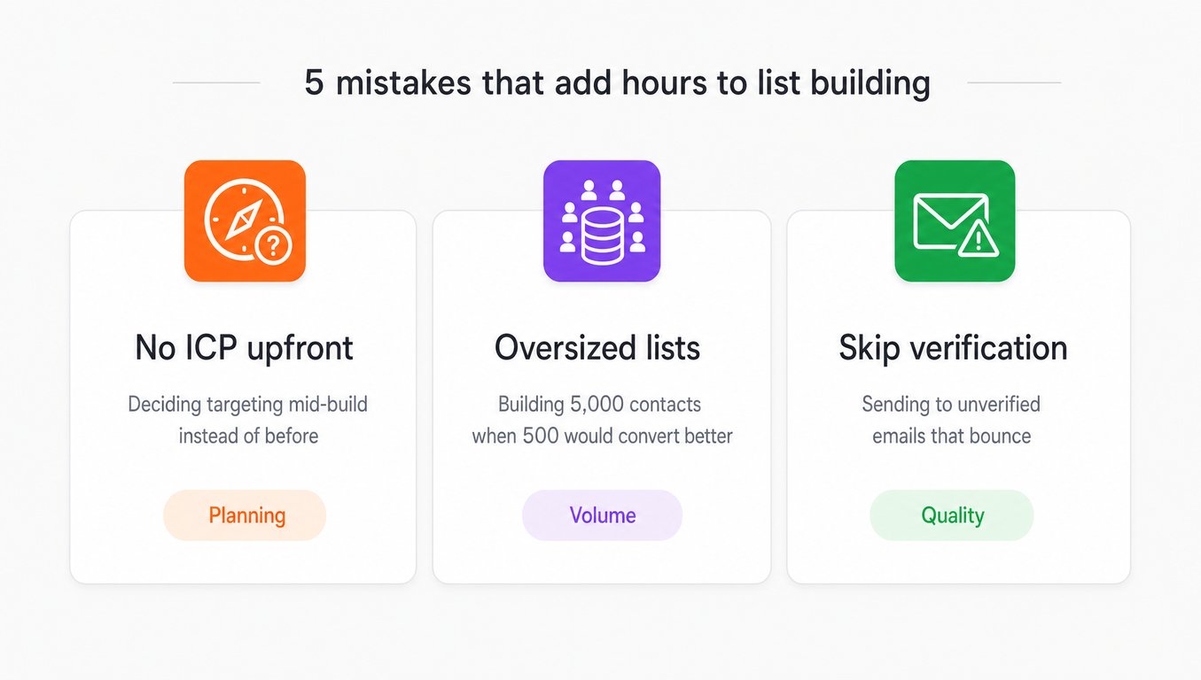 Five common prospecting mistakes showing ICP gaps, oversized lists, skipped verification, manual rebuilds, and false positives